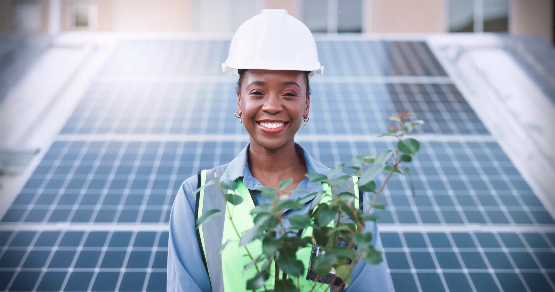 Green energy woman with solar panel hopenetwork